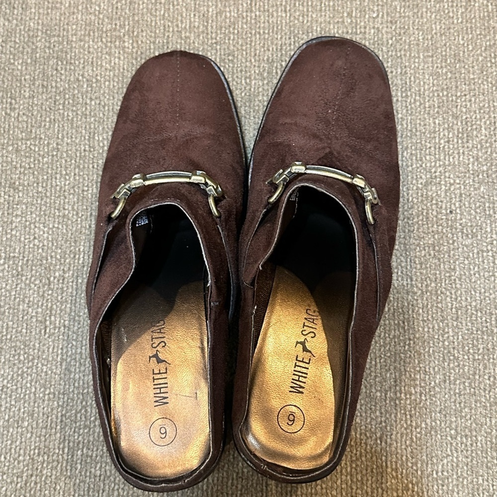 White Stag Brown Suede Mules with Gold Accent - Picture 8 of 16
